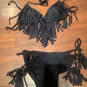 Black Fringe Two Piece Bikini Set